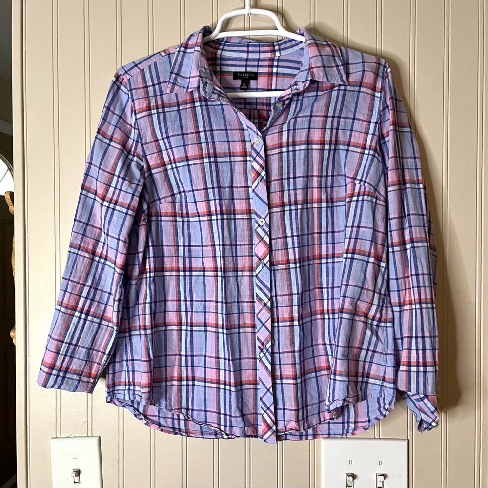 Talbots Women's Size Lp colorful Plaid button down Long Sleeve blouse